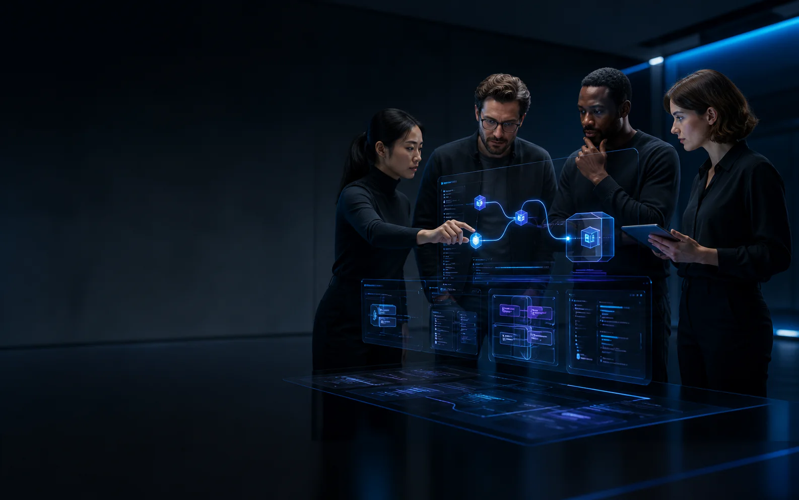 Software product team collaborating around a digital system