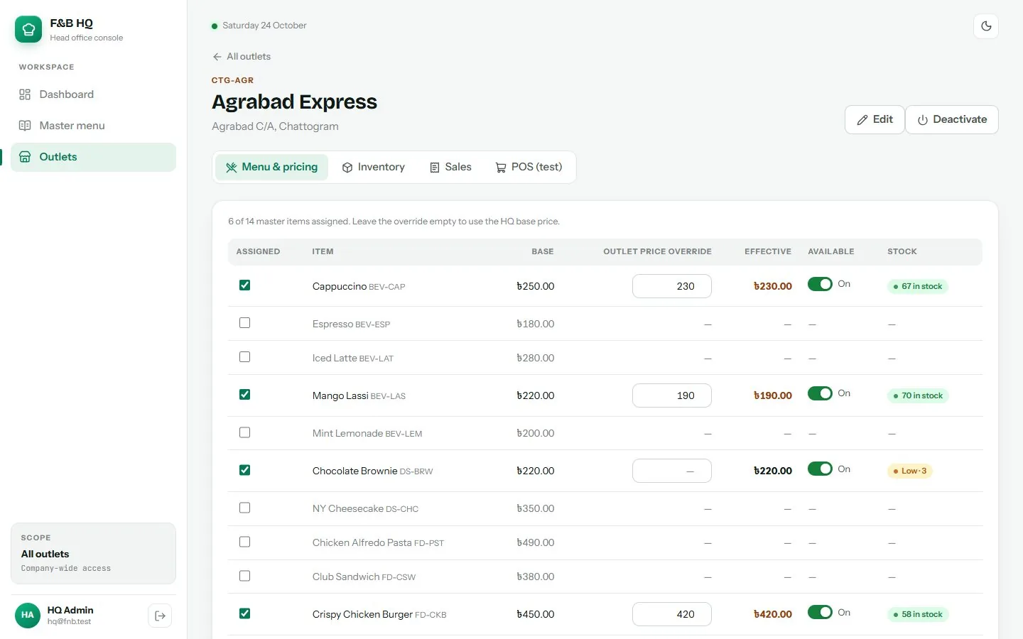 F&B HQ Platform: Outlet menu & pricing