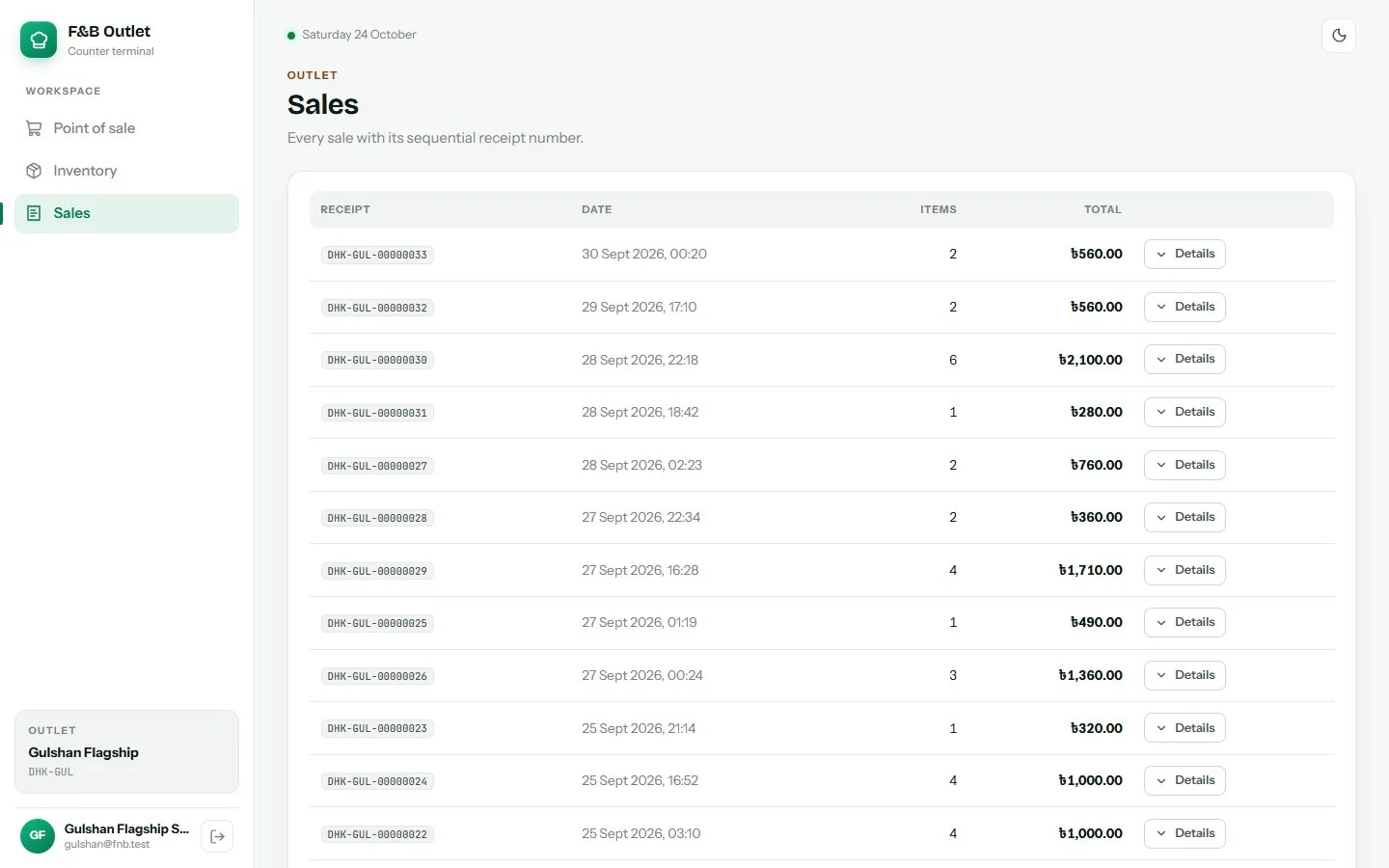 F&B HQ Platform: Sales & receipts